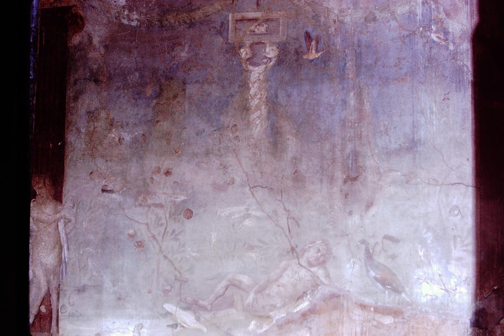 VI.7.18 Pompeii. 1966. Detail of sleeping boy/Eros? and peacock, from north wall. Photo by Stanley A. Jashemski.
Source: The Wilhelmina and Stanley A. Jashemski archive in the University of Maryland Library, Special Collections (See collection page) and made available under the Creative Commons Attribution-Non Commercial License v.4. See Licence and use details.
J66f0688
