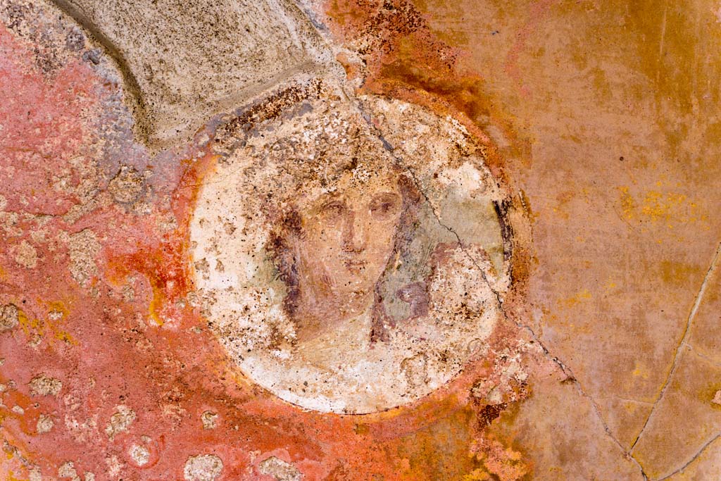 VI.7.23 Pompeii. July 2021. Detail of face in medallion on east end of south wall of tablinum. Photo courtesy of Johannes Eber.