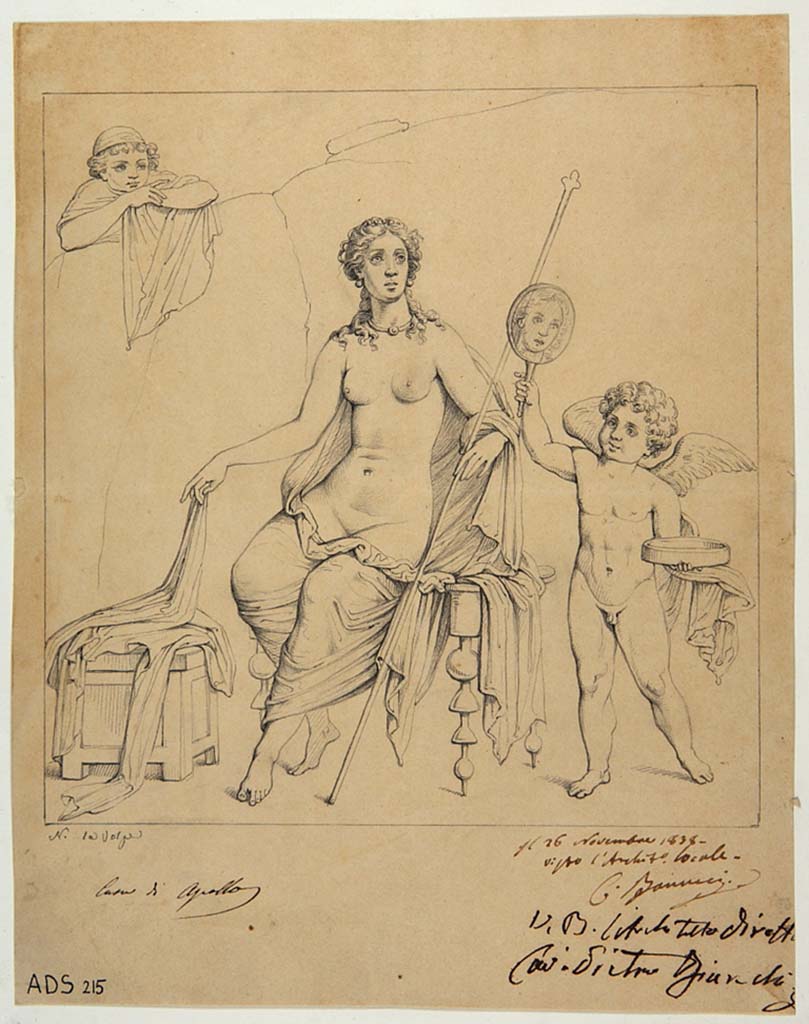 VI.7.23 Pompeii. Pen and ink drawing by Nicola La Volpe, 26th November 1838, showing the Toilet of Venus from central panel of south wall of tablinum. 
Now in Naples Archaeological Museum. Inventory number ADS 215.
Photo © ICCD. http://www.catalogo.beniculturali.it
Utilizzabili alle condizioni della licenza Attribuzione - Non commerciale - Condividi allo stesso modo 2.5 Italia (CC BY-NC-SA 2.5 IT)
