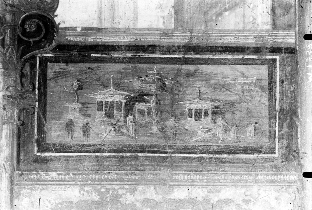 VI.7.23 Pompeii. W.57. 
Drawing of upper west end of south wall of tablinum showing architectural decoration and garlands with peacocks.
Photo by Tatiana Warscher. Photo © Deutsches Archäologisches Institut, Abteilung Rom, Arkiv.

