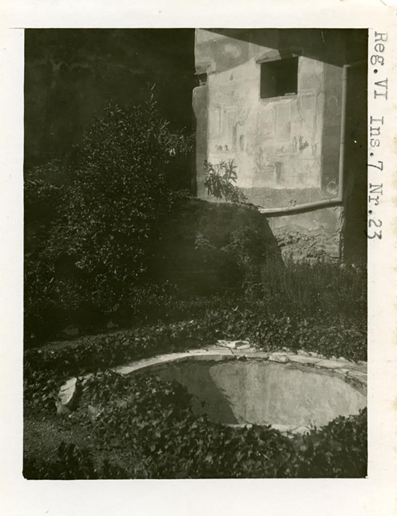 VI.7.23 Pompeii. Pre-1937-39. Looking west across pool in garden area. 
Photo courtesy of American Academy in Rome, Photographic Archive. Warsher collection no. 1403.
