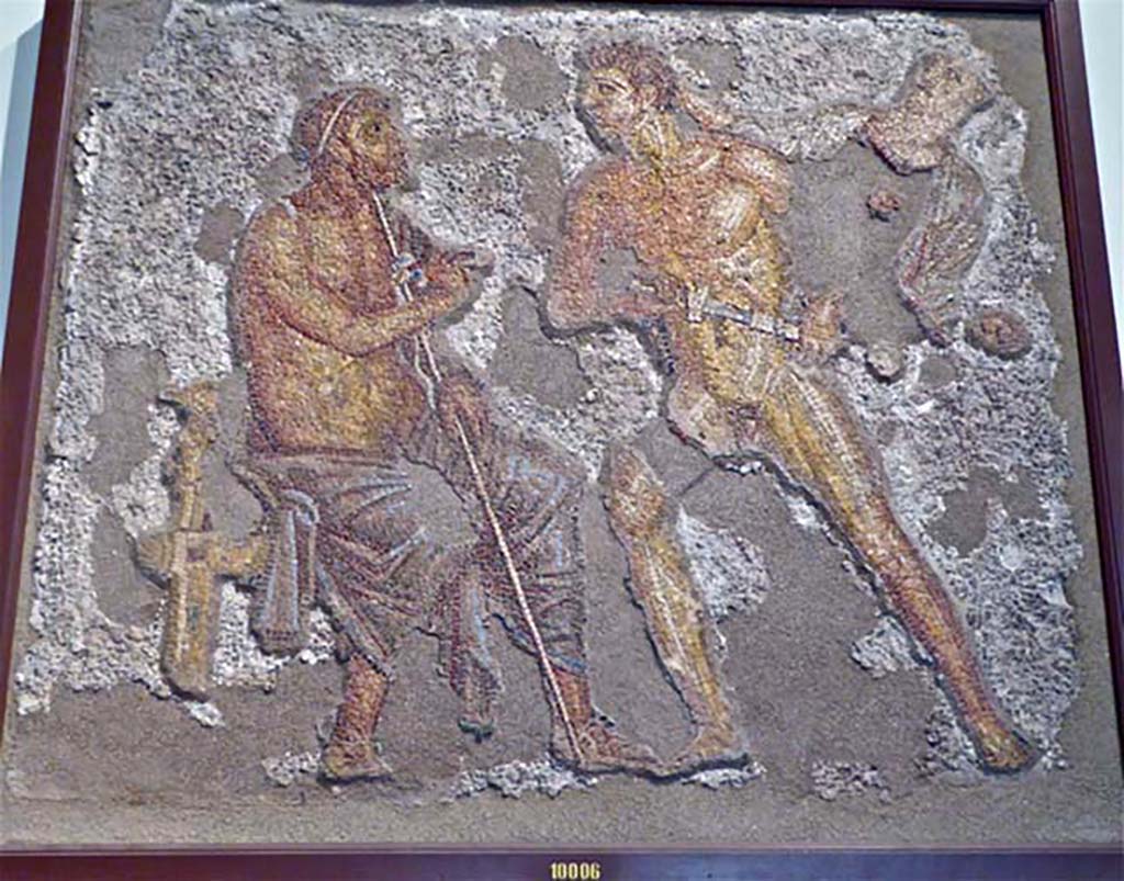 VI.7.23 Pompeii.  Mosaic of the Three Graces from the garden wall. Now in Naples Archaeological Museum. Inventory number 10004. Photo taken by Stanley A. Jashemski in 1957.
Source: The Wilhelmina and Stanley A. Jashemski archive in the University of Maryland Library, Special Collections (See collection page) and made available under the Creative Commons Attribution-Non Commercial License v.4. See Licence and use details.
J57f0543
