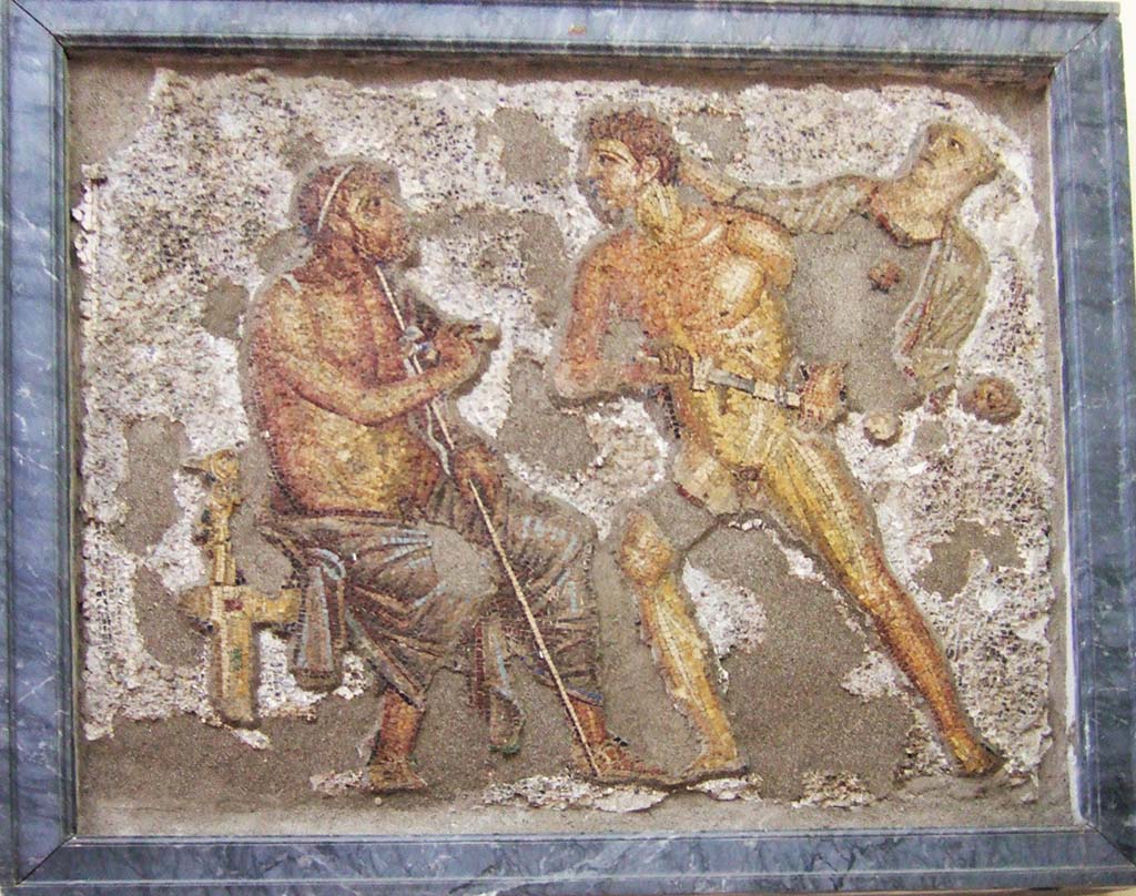 VI.7.23 Pompeii. May 2006. South side of garden portico. Mosaic of Achilles confronting Agamemnon.  
Now in Naples Archaeological Museum. Inventory number 10006.
