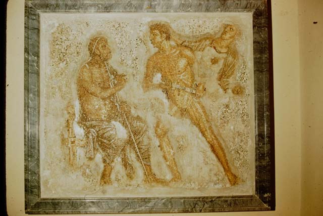 VI.7.23 Pompeii. May 2006. South side of garden portico. Mosaic of Achilles confronting Agamemnon.  
Now in Naples Archaeological Museum. Inventory number 10006.

