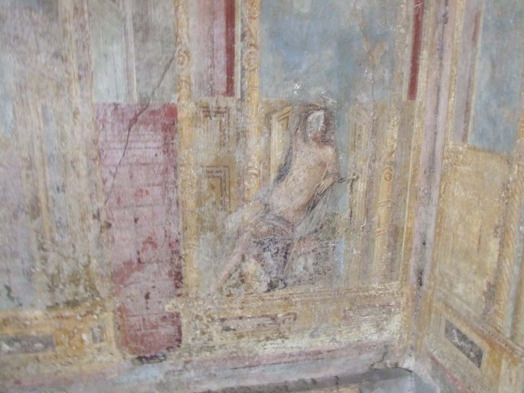 VI.7.23 Pompeii. December 2006. Cubiculum. South alcove, south wall. According to Caso, this is Apollo seated.
See Caso L., in Rivista di Studi Pompeiani III, 1989, p. 112.
