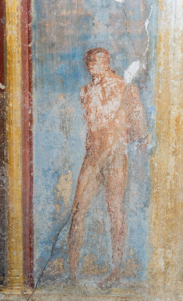 VI.7.23 Pompeii. October 2023. 
Cubiculum. Detail from south alcove, west wall, Marsyas. Photo courtesy of Johannes Eber.

