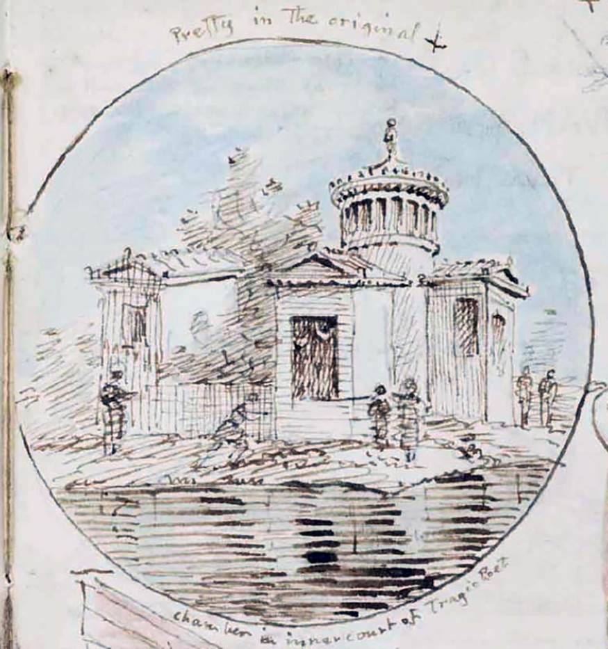 VI.8.3 Pompeii. c.1830. Drawing of medallion with building by Gell from his sketchbook, in which he wrote –
“Pretty in the original, chamber in inner court of Tragic Poet”.
See Gell, W. Sketchbook of Pompeii, c.1830. 
See book from Van Der Poel Campanian Collection on Getty website http://hdl.handle.net/10020/2002m16b425
