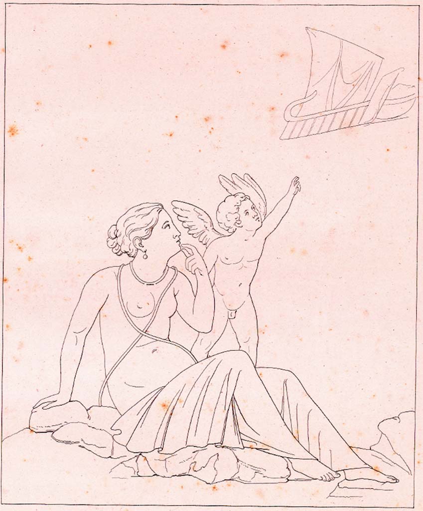VI.8.3/5 Pompeii. c.1828.  Room 15, south wall, drawing by Zahn of Ariadne abandoned.
See Zahn W. Neu entdeckte Wandgemälde in Pompeji gezeichnet von W. Zahn [ca. 1828], taf. 17.
