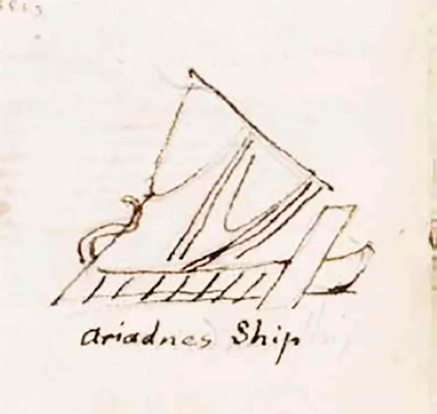 VI.8.3 Pompeii. c.1830. Drawing by Gell of Ariadne’s ship, detail from central painting on south wall of Room 15.
See Gell, W. Sketchbook of Pompeii, c.1830. 
See book from Van Der Poel Campanian Collection on Getty website http://hdl.handle.net/10020/2002m16b425

