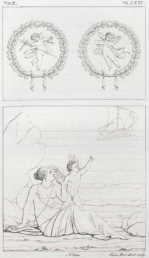 VI.8.3/5 Pompeii. 1825.
Room 15, drawings by Ferdinando Mori of central painting of Ariadne abandoned, and details of cupids set in medallions surrounded by garlands, from side panels.
See Real Museo Borbonico, Vol. II, 1825, Tav. LXII.

