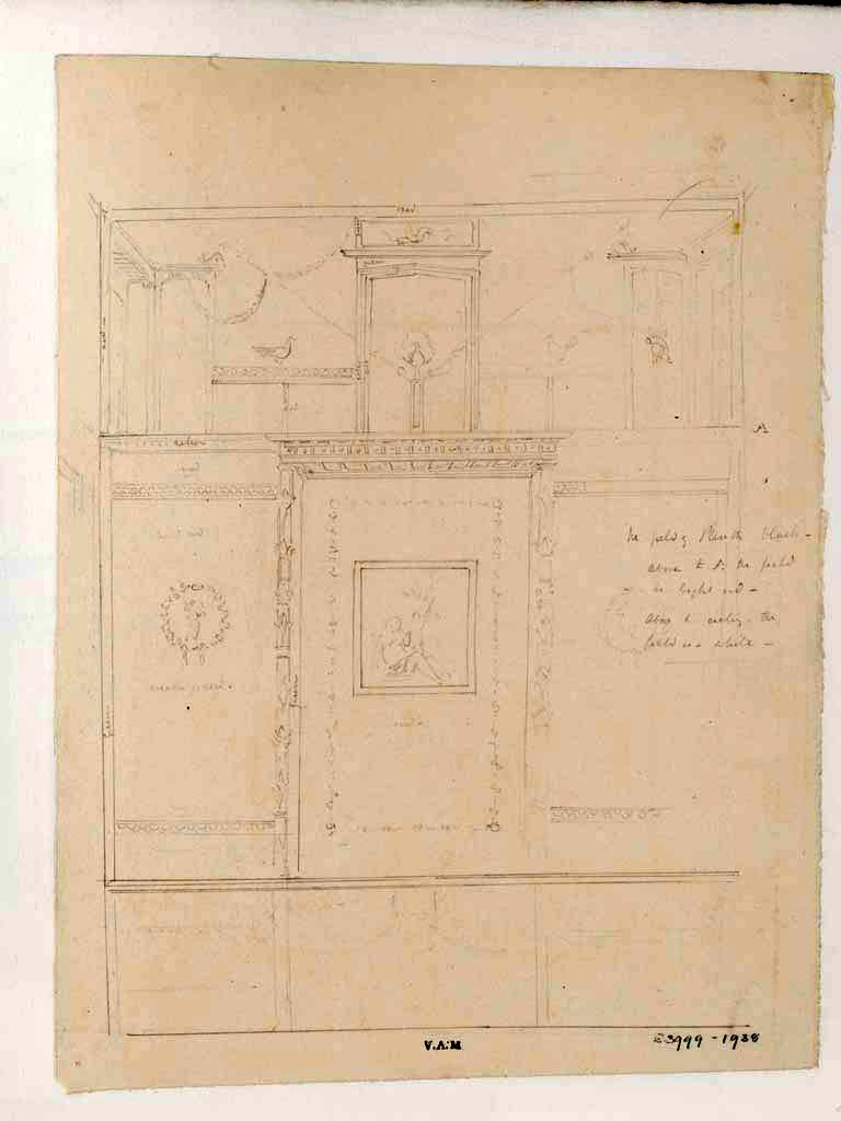 VI.8.3 Pompeii, c.1840. Drawing by James William Wild.
Room 15, showing south wall with central painting of Ariadne abandoned, and cupids set in medallions surrounded by garlands, in side panels.
Photo © Victoria and Albert Museum, inventory number E.3999-1938. 
