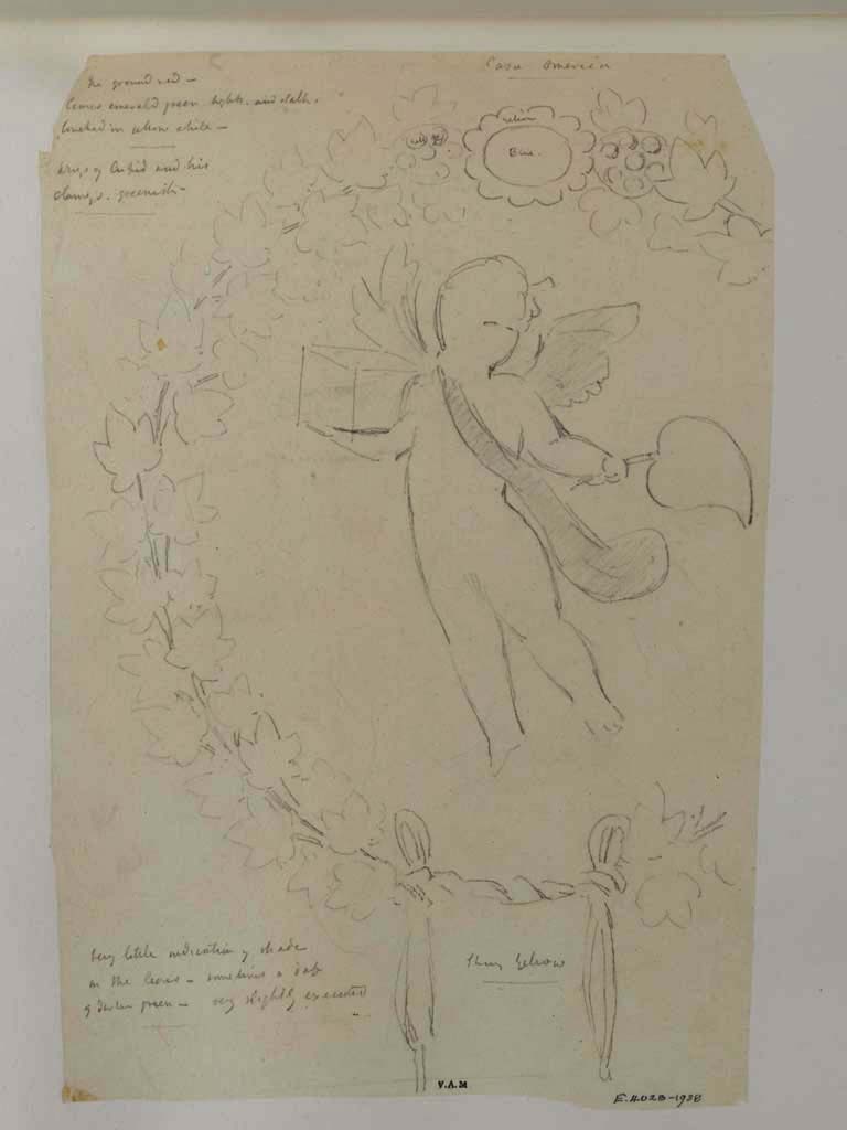 VI.8.3 Pompeii, c.1840. Drawing by James William Wild. Casa Omerica.
Room 15, medallion with cupid with box, surrounded by garlands, from side panel.
Photo © Victoria and Albert Museum, inventory number E.4028-1938. 