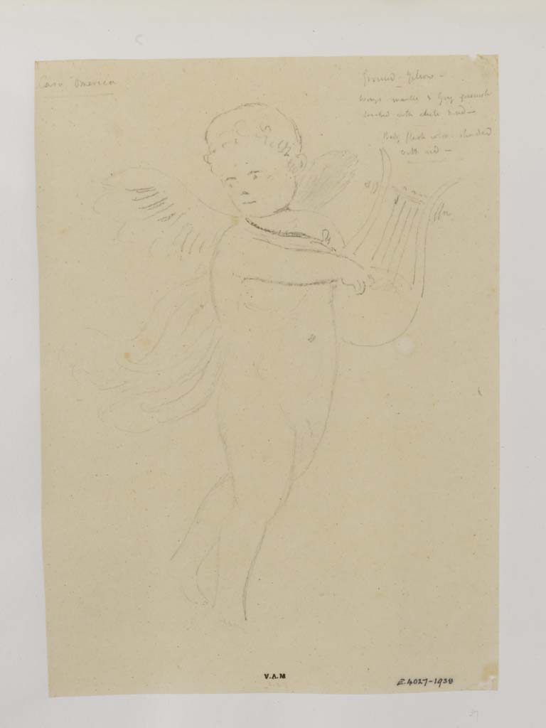 VI.8.3 Pompeii, c.1840. Casa Omerica. Drawing of a cupid with lyre by James William Wild perhaps from a side panel in room 15.
Photo © Victoria and Albert Museum, inventory number E.4027-1938. 
According to PPM, in room 14 (which is our room 15) were at least another three medallions edged with garlands containing cupids.
(Note - These may or may not be the same ones, as they were not drawn edged with garlands, but they do come from this house.)
Two were on the west wall and at least one on the east wall, south side of doorway, these had all become unrecognisable. 
The two in the side panels of the south wall had been drawn by artists, at the time.
The side panels of the north wall would seem to have contained vignettes.
See Carratelli, G. P., 1990-2003. Pompei: Pitture e Mosaici. Roma: Istituto della enciclopedia italiana, 4, (p.560-564).