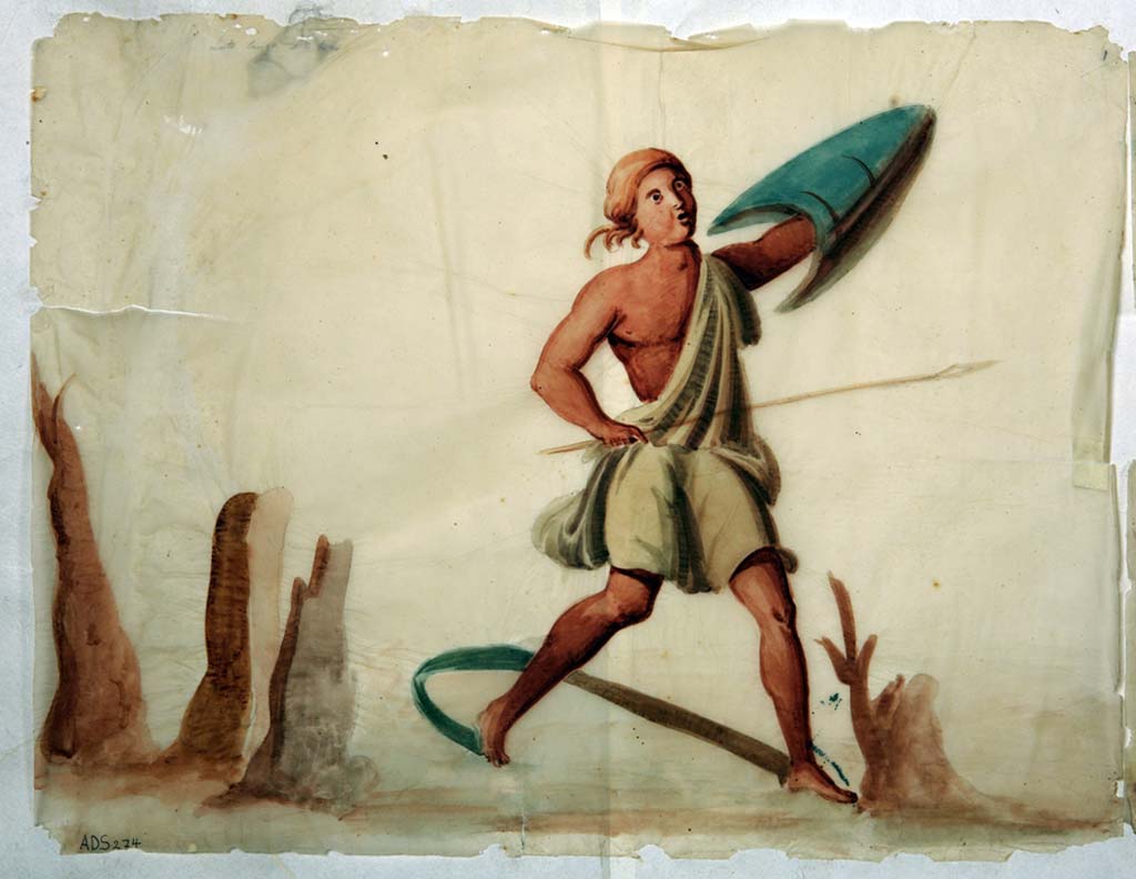 VI.8.5 Pompeii. Room 9, pencil/crayon and watercolour paintings from frieze from upper wall of cubiculum, found on the left side of the Venus Pompeiana (on a long wall).
These paintings were preserved on two walls (south and west) and only part on a third and were separated on the south and west wall by paintings of a cupid and Venus Pompeiana. 
They were left in situ, and now are totally faded and lost, the only record being these paintings by an anonymous painter.
It is thought they were probably made by Giuseppe Marsigli, who painted in this house at the time they were discovered.
See Helbig, W., 1868. Wandgemlde der vom Vesuv verschtteten Stdte Campaniens. Leipzig: Breitkopf und Hrtel, (1250).
Now in Naples Archaeological Museum. Inventory number ADS 274a.
Photo  ICCD. http://www.catalogo.beniculturali.it
Utilizzabili alle condizioni della licenza Attribuzione - Non commerciale - Condividi allo stesso modo 2.5 Italia (CC BY-NC-SA 2.5 IT)
