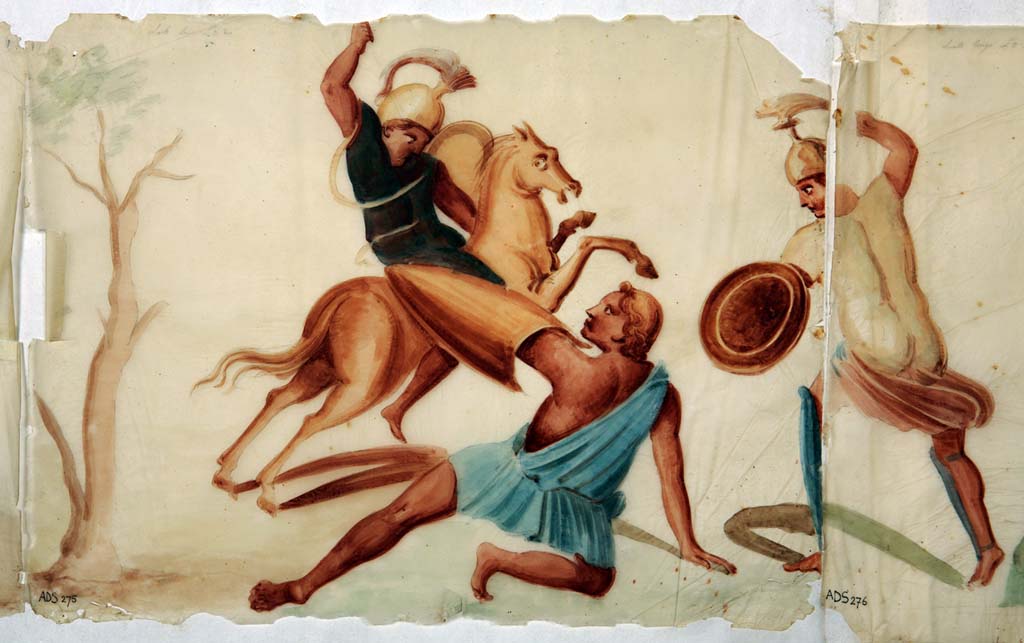 VI.8.5 Pompeii. Room 9, pencil/crayon and watercolour paintings from frieze from upper wall of cubiculum, found on the left side of the Venus Pompeiana.
Now in Naples Archaeological Museum. Inventory numbers ADS 275 and ADS 276.
Photo  ICCD. http://www.catalogo.beniculturali.it
Utilizzabili alle condizioni della licenza Attribuzione - Non commerciale - Condividi allo stesso modo 2.5 Italia (CC BY-NC-SA 2.5 IT)

