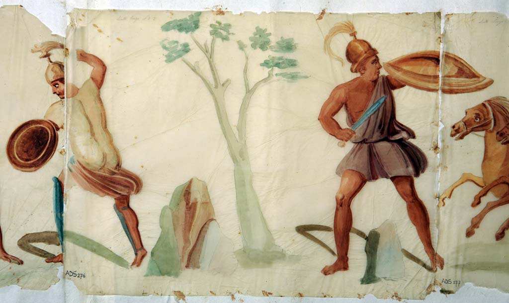 VI.8.5 Pompeii. Room 9, pencil/crayon and watercolour paintings from frieze from upper wall of cubiculum, found on the left side of the Venus Pompeiana.
Now in Naples Archaeological Museum. Inventory number ADS 276.
Photo  ICCD. http://www.catalogo.beniculturali.it
Utilizzabili alle condizioni della licenza Attribuzione - Non commerciale - Condividi allo stesso modo 2.5 Italia (CC BY-NC-SA 2.5 IT)
