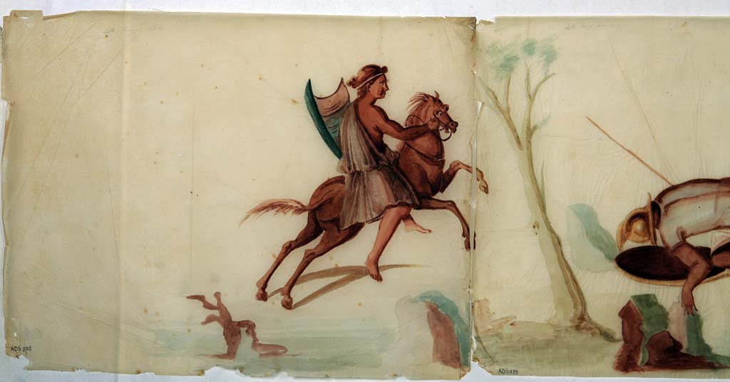 VI.8.5 Pompeii. Room 9, pencil/crayon and watercolour paintings from frieze from upper wall of cubiculum, found to the right of Venus Pompeiana.
Now in Naples Archaeological Museum. Inventory number ADS 278.
Photo  ICCD. http://www.catalogo.beniculturali.it
Utilizzabili alle condizioni della licenza Attribuzione - Non commerciale - Condividi allo stesso modo 2.5 Italia (CC BY-NC-SA 2.5 IT)
