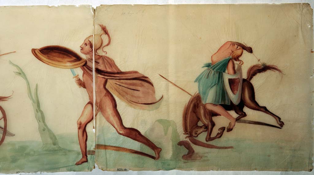 VI.8.5 Pompeii. Room 9, pencil/crayon and watercolour paintings from frieze from upper wall of cubiculum, found to the right of Venus Pompeiana.
Then follows to the right of a cupid, (on the short side of the wall) 
Now in Naples Archaeological Museum. Inventory numbers ADS 281.
Photo  ICCD. http://www.catalogo.beniculturali.it
Utilizzabili alle condizioni della licenza Attribuzione - Non commerciale - Condividi allo stesso modo 2.5 Italia (CC BY-NC-SA 2.5 IT)
