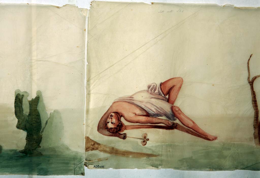 VI.8.5 Pompeii. Room 9, pencil/crayon and watercolour paintings from frieze from upper wall of cubiculum, found to the right of a cupid (on the short side of a wall).
Now in Naples Archaeological Museum. Inventory number ADS 285.
Photo  ICCD. http://www.catalogo.beniculturali.it
Utilizzabili alle condizioni della licenza Attribuzione - Non commerciale - Condividi allo stesso modo 2.5 Italia (CC BY-NC-SA 2.5 IT)
