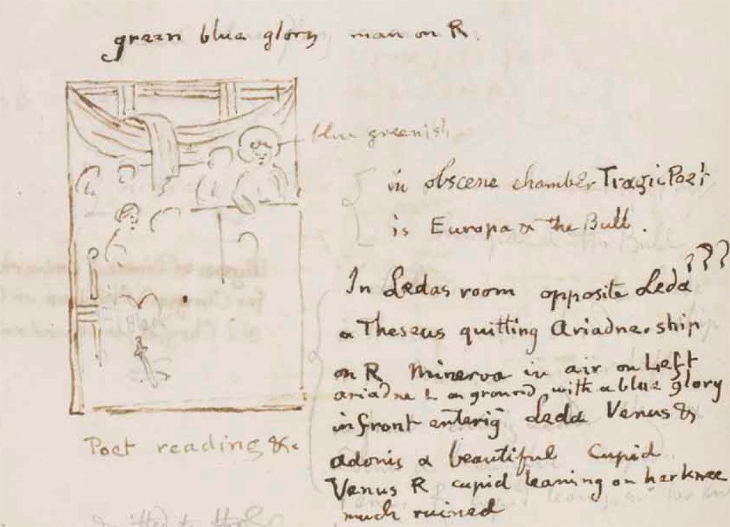 VI.8.5 Pompeii. c.1830. Notes on the Poets House from William Gell's sketch book.
Sketch by Gell of the central painting (poet reading) on the east wall of the tablinum. 
Th detail appears to correspond most closely with the fresco of Alcestis and Admetus in Naples Archaeological Museum, inventory number 9026.
See Gell, W. Sketchbook of Pompeii, c.1830. 
See book from Van Der Poel Campanian Collection on Getty website http://hdl.handle.net/10020/2002m16b425
