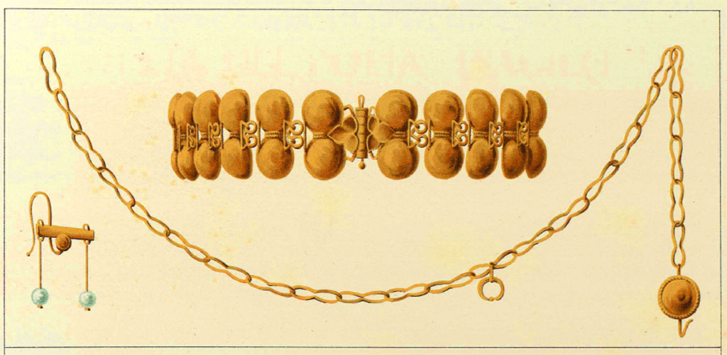 VI.8.4.5.6 Pompeii. Gold jewellery was found in one of the shops adjacent to the entrance VI.8.5 but which may have fallen from above.
Two bracelets, each made up of twenty of the usual hazelnut shells, in two rows. 
Two perfectly preserved necklaces, one of which has the shape of a chain, and the other of a vaguely contextual strap. 
A pair of elegant and delicate earrings composed of two pearls hanging from a small button. Finally, two armbands.

According to Niccolini, from many circumstances it is clear that this building had a second floor. Both shops have a piperno threshold, with the usual hollows for the external closure: the walls are painted red at the bottom, and in the upper portion a yellowish tint, in which some squares appear. The shop to the left of the porch has three large pieces of piperno in the floor, which follow each other, rising several palms from the ground. The numerous jewels which were found there led some to believe that the house with the shops belonged to an ancient jeweller, who therefore kept such a large quantity of precious jewellery. The two shops, both had communication with the porch of VI.8.5, and thus had some dependence on the owner of the house.
Therefore, following an observation by Mazois, Bechi and Raoul-Rochette were of the opinion that these tabernae were intended for the sale of grain, fruit, and other commodities from the owner's rustic estates. 

In the first excavations, however, pieces of a fallen floor were found, representing a head of Bacchus and other figures in mosaic. It could also be assumed that the gold objects found in the shops next to the main entrance had fallen from above.

See Niccolini F, 1854. Le case ed i monumenti di Pompei: Volume Primo. Napoli, Casa del Poeta Tragico, p. 1-3, Tav. III.
