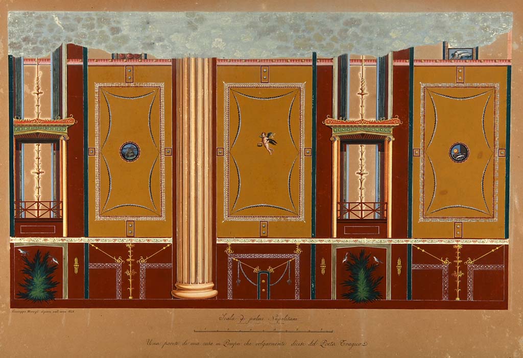 VI.8.5 Pompeii. Painting by Giuseppe Marsigli, 1825, showing west wall of entrance fauces.  
Now in Naples Archaeological Museum. Inventory number ADS 290.
Photo © ICCD. http://www.catalogo.beniculturali.it
Utilizzabili alle condizioni della licenza Attribuzione - Non commerciale - Condividi allo stesso modo 2.5 Italia (CC BY-NC-SA 2.5 IT)
