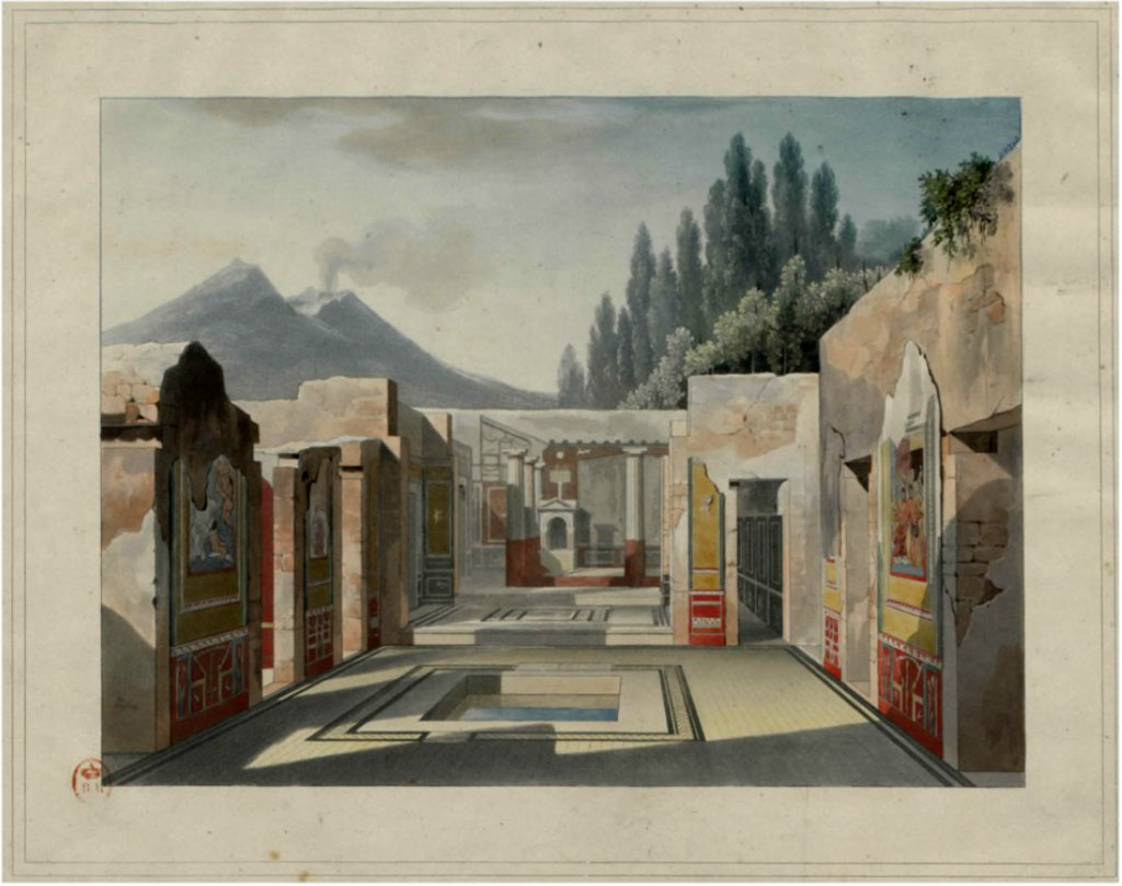 VI.8.5, Pompeii. c.1828. Perspective view taken from the prothyrum. Looking north across atrium.
See Raoul Rochette et Bouchet J., 1828. Choix d'Edifices Inédits : Maison du Poète Tragique. Paris, pl 4.
