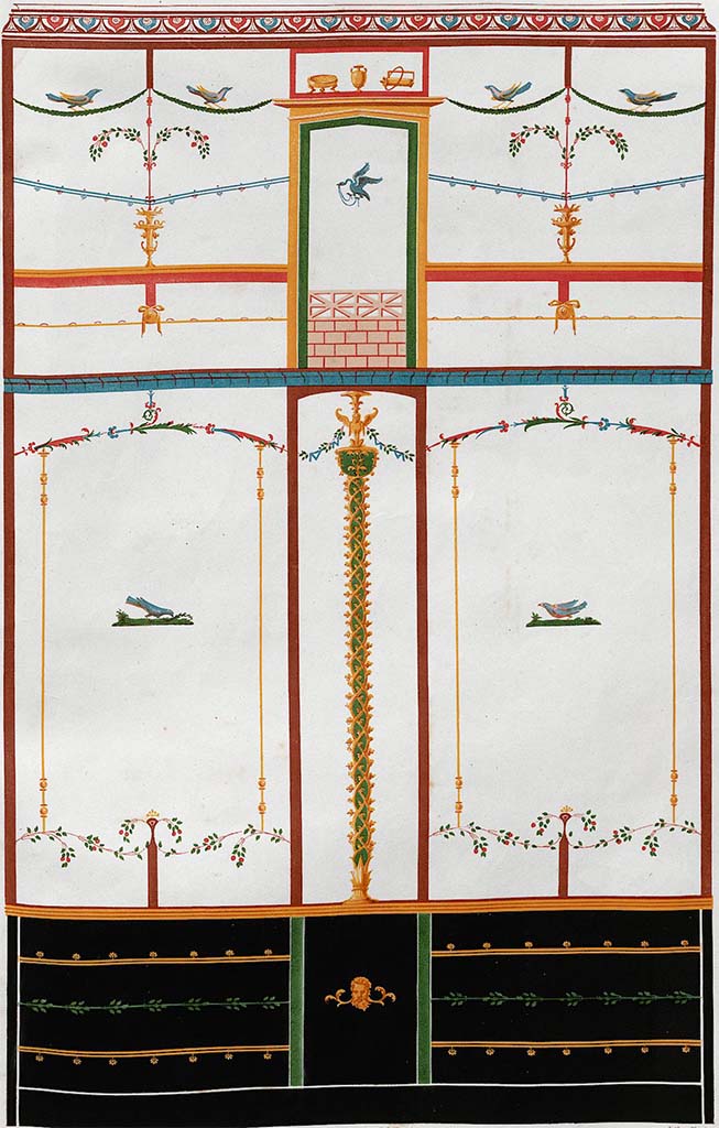 VI.8.24 Pompeii. 1842 painting of east wall in cubiculum on south side of entrance corridor.
See Zahn, W., 1842. Die schönsten Ornamente und merkwürdigsten Gemälde aus Pompeji, Herkulanum und Stabiae: II. Berlin: Reimer. (tav.4)
