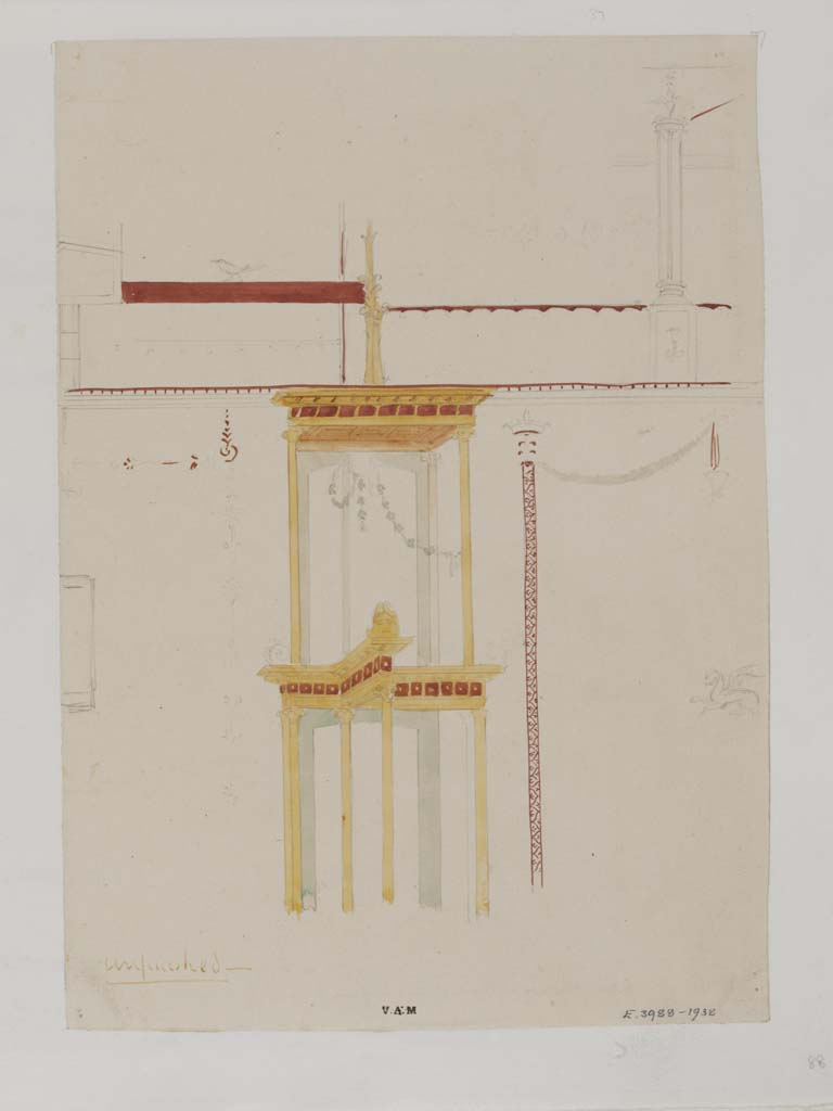 VI.8.24 Pompeii. c.1840. Triclinium in south-east corner of atrium.
Unfinished painting by James William Wild (1814-1892).  Detail from east side of central painting on north wall of triclinium.
Photo © Victoria and Albert Museum, inventory number E.3988-1938. 
 
