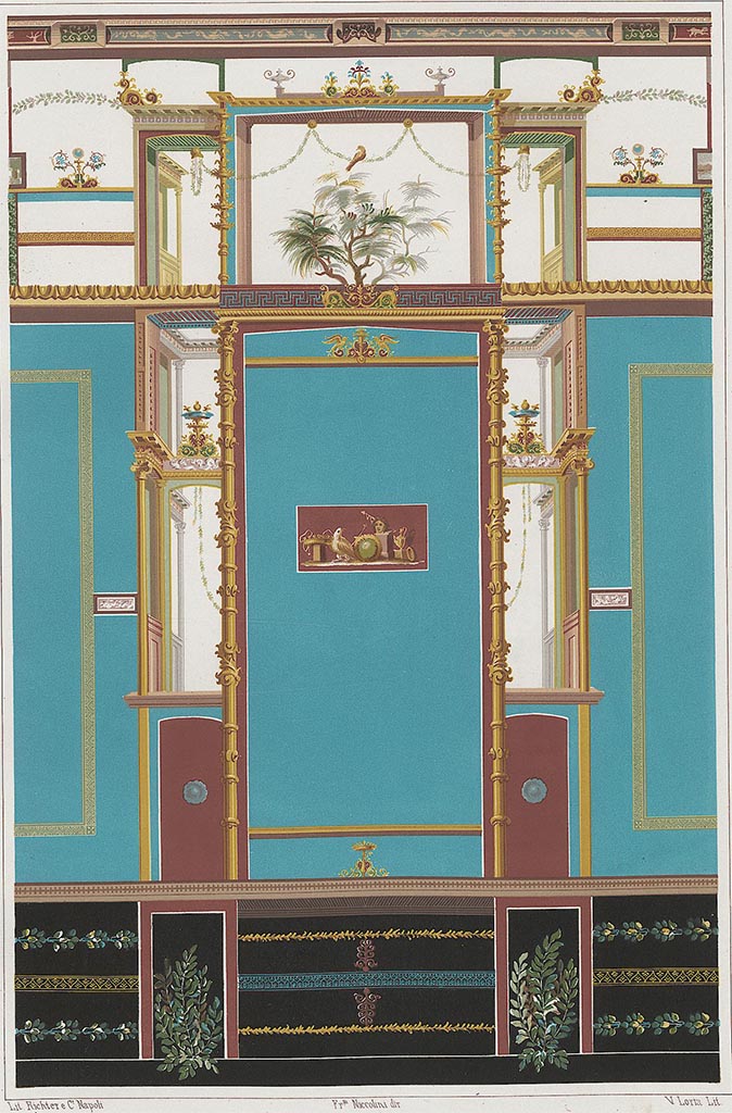 VI.8.24 Pompeii. Painting by Niccolini showing centre of west wall of tablinum.
See Niccolini, F., 1862. Le Case ed i Monumenti di Pompei: Book 2, Tav. LXXIX.
