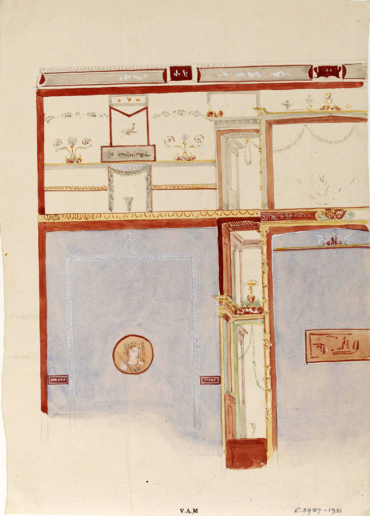 VI.8.24 Pompeii. c.1840. Painting of south side of centre of west wall of tablinum.
Painting by James William Wild (1814-1892). 
Photo © Victoria and Albert Museum, inventory number E.3987-1938. 

