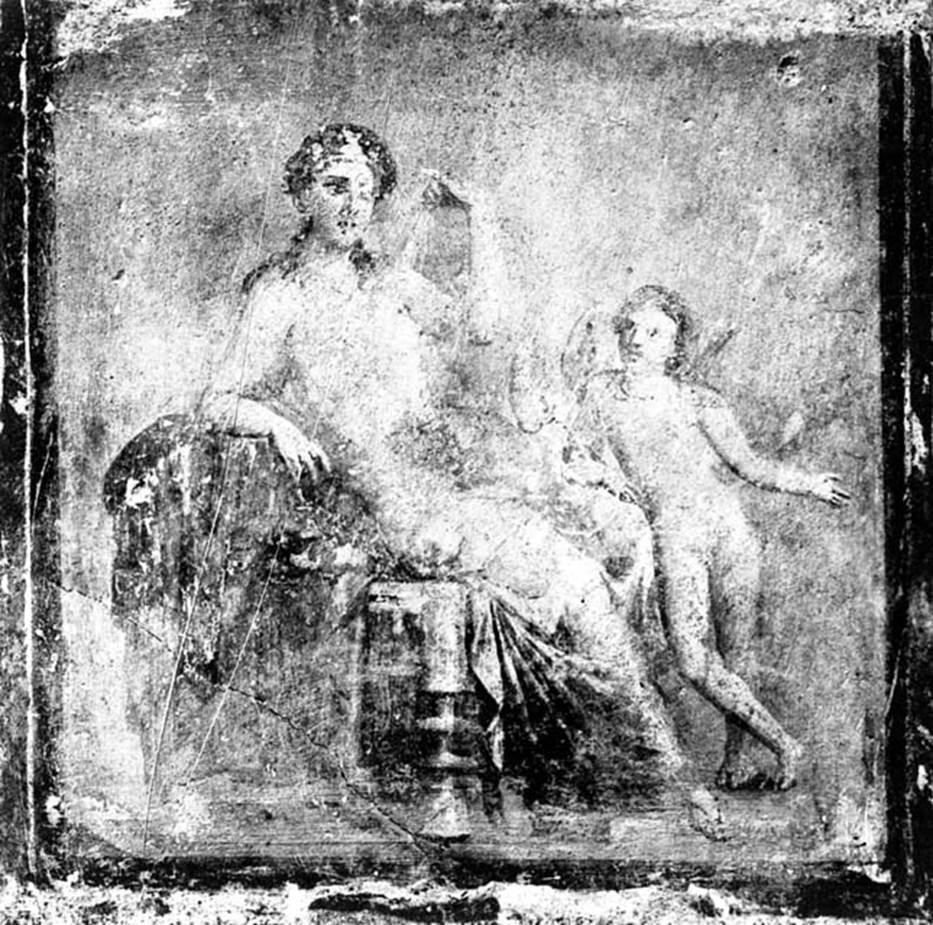 VI.9.2 Pompeii. W.135. Wall painting of a sitting woman with cupid.
According to Bragantini, a painting of a seated woman and cupid was found in the centre of the east wall.
It was then removed. 
See Bragantini, de Vos, Badoni, 1983. Pitture e Pavimenti di Pompei, Parte 2. Rome: ICCD. (p.198)
See Helbig, W., 1868. Wandgemlde der vom Vesuv verschtteten Stdte Campaniens. Leipzig: Breitkopf und Hrtel. (1429)
See Real Museo Borbonico, VIII, taf 5.
See Zahn, W., 1852. Die schnsten Ornamente und merkwrdigsten Gemlde aus Pompeji, Herkulanum und Stabiae: III. Berlin: Reimer, 58.
Photo by Tatiana Warscher. With kind permission of DAI Rome, whose copyright it remains. 
See http://arachne.uni-koeln.de/item/marbilderbestand/230963 
