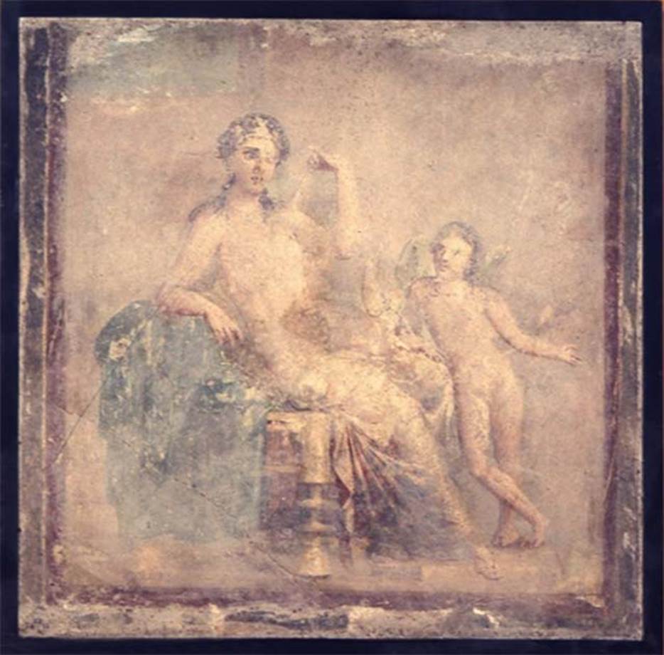 VI.9.2 Pompeii. Wall painting of a sitting woman with cupid. Photo  The Trustees of the British Museum. Inventory number 1857, 0415.3.