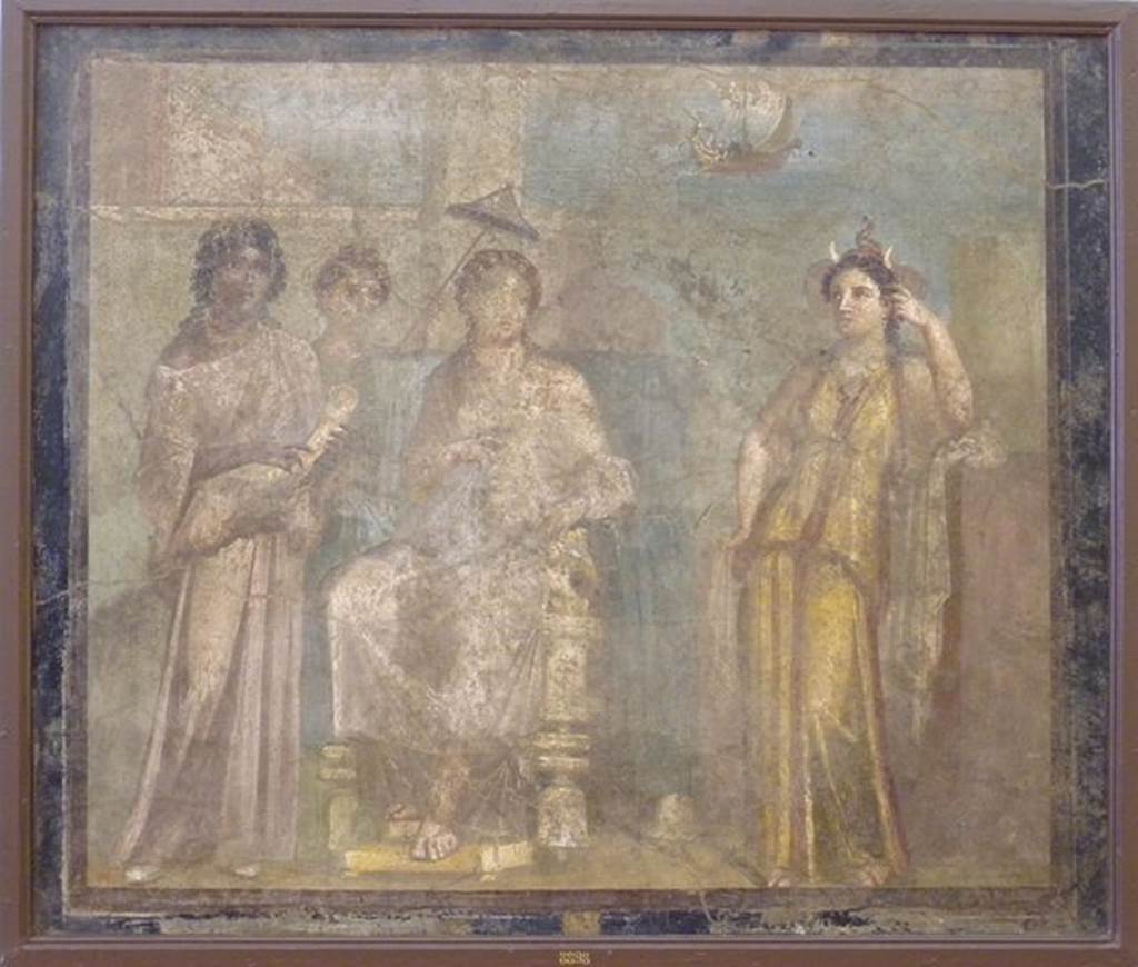 VI.9.2 Pompeii.   Found 12th October 1829.  Room 2, atrium.  Wall painting of the abandoned Dido seated on a throne surrounded by maids.  Africa is recognisable by the elephant trunk and tusks.  The ships of Aeneas are sailing away in the distance.  Now in Naples Archaeological Museum.  Inventory number 8898.  See Helbig, W., 1868. Wandgemälde der vom Vesuv verschütteten Städte Campaniens. Leipzig: Breitkopf und Härtel. (1113).