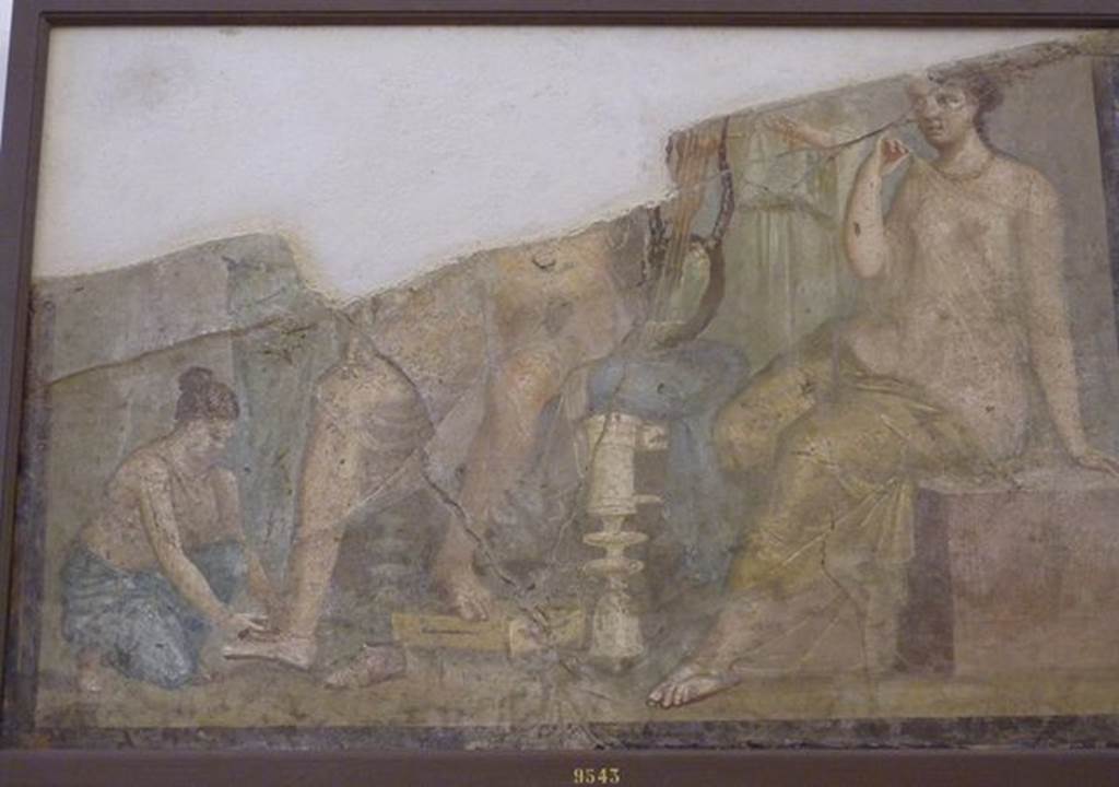 VI.9.2 Pompeii. Found 22nd September 1829 on west end of south wall of room 2, atrium. 
Wall painting of a servant putting the shoes on a man with a lyre. A woman sits at his side and other figures stand in the background. Now in Naples Archaeological Museum. Inventory number 9543.  According to Overbeck-Mau, this painting might have been of Paris and Helen.
See Overbeck J., 1884. Pompeji in seinen Gebuden, Alterthmen und Kunstwerken. Leipzig: Engelmann. (p.309)
See Helbig, W., 1868. Wandgemlde der vom Vesuv verschtteten Stdte Campaniens. Leipzig: Breitkopf und Hrtel. (1386b).

