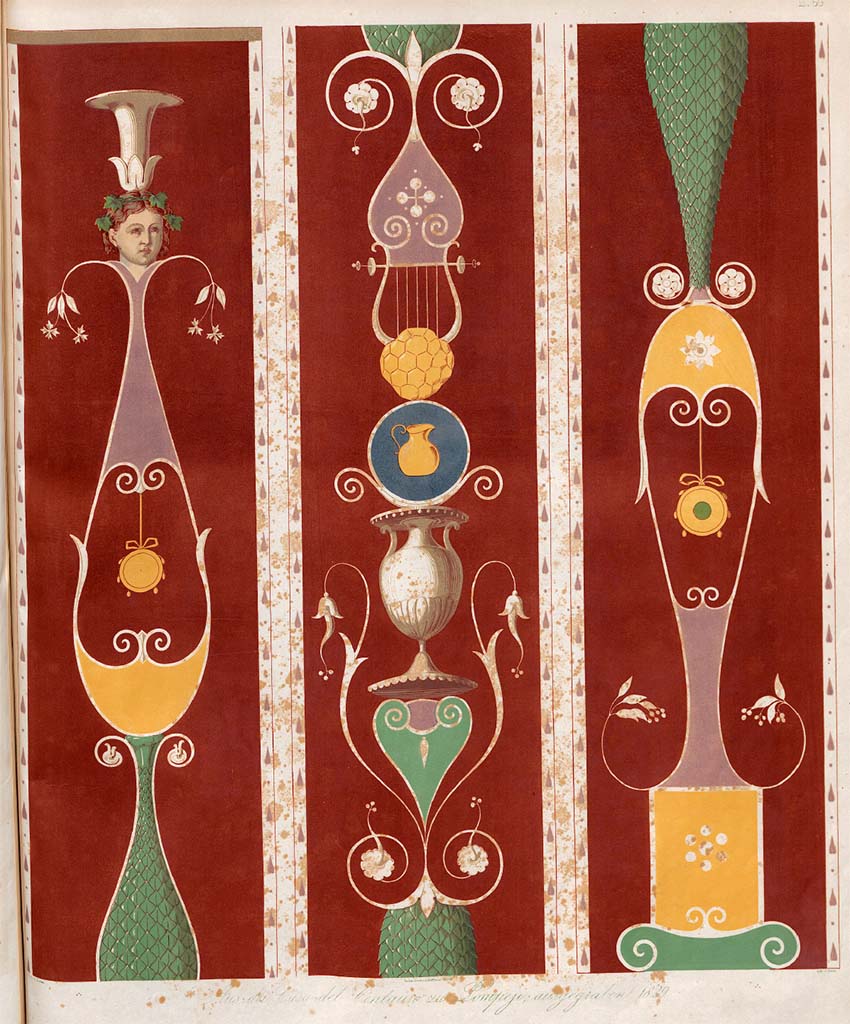 VI.9.3 Pompeii. Painting by Zahn from the House of Centauro, discovered in 1829. 
According to Zahn, this decoration on a red background is from a room at the rear, on the left of the tablinum, most likely room 7. 
The decoration would have been seen in a narrow panel separating two other panels.
It is shown in three pieces; on the right is the lower part, on the left the upper part, with the middle part joining both.
See Zahn, W., 1842-44. Die schönsten Ornamente und merkwürdigsten Gemälde aus Pompeji, Herkulanum und Stabiae: II. Berlin: Reimer, taf. 59.
According to PPM, the north wall, now with almost illegible decoration but dating to the 4th Style (according to Overbeck, P4, p.331) consisted of a yellow zoccolo, a panelled middle area, concluded by a stucco cornice and an upper zone. 
See Carratelli, G. P., 1990-2003. Pompei: Pitture e Mosaici. IV. Roma: Istituto della enciclopedia italiana, (p. 837, no. 36.)
