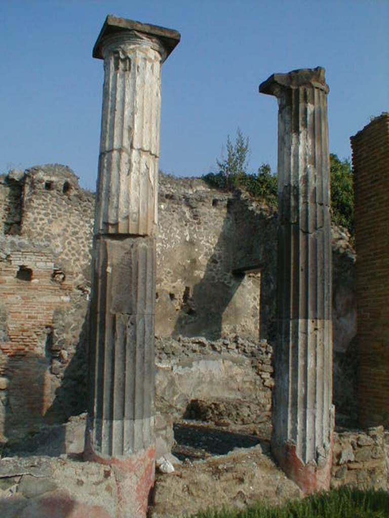 VI.9.3 Pompeii. September 2004. Columns on north side of pseudo-peristyle 9.The doorway to the kitchen can be seen on the right of centre.

