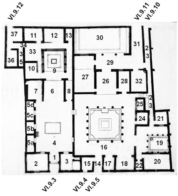 VI.9.3-5.10-12 Pompeii. Casa del Centauro or House of Centaur or Casa di A. Vettius Caprasius Felix
Combined Room Plan