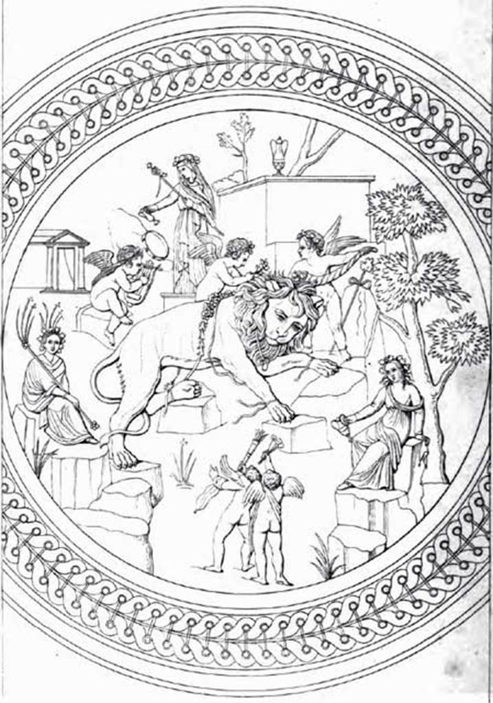 VI.9.5, Pompeii. Found in April 1829 in triclinium. Drawing of mosaic of lion and cupids between Dionysus and maenad, See Real Museo Borbonico VII, Taf 61.