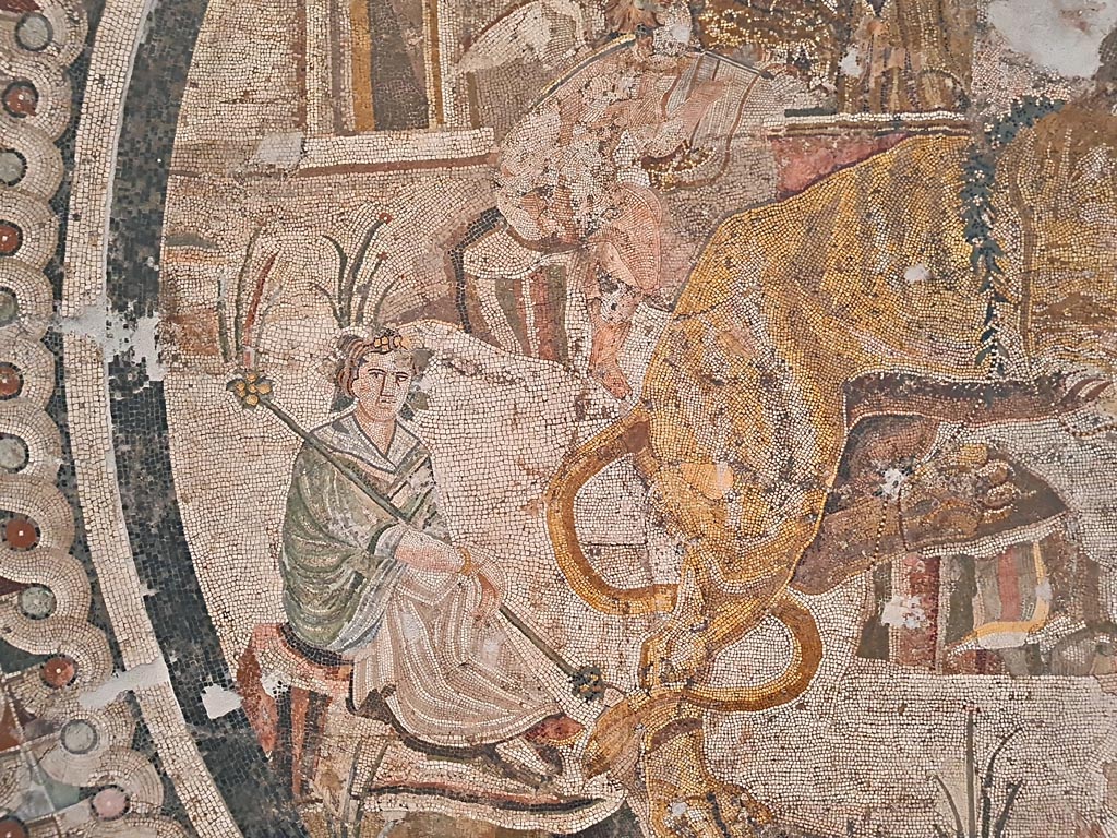VI.9.5 Pompeii. September 2024.
Triclinium 27, detail from mosaic of maenad and lion. Found in April 1829. Photo courtesy of Giuseppe Ciaramella.
Now in Naples Archaeological Museum. Inventory number 10019.