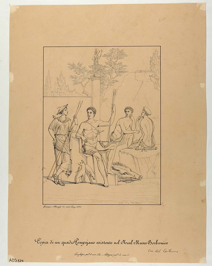 VI.9.5 Pompeii. Drawing by Giuseppe Marsigli, 1830, from north wall of tablinum.
Now in Naples Archaeological Museum. Inventory number ADS 324.
Photo © ICCD. http://www.catalogo.beniculturali.it
Utilizzabili alle condizioni della licenza Attribuzione - Non commerciale - Condividi allo stesso modo 2.5 Italia (CC BY-NC-SA 2.5 IT)