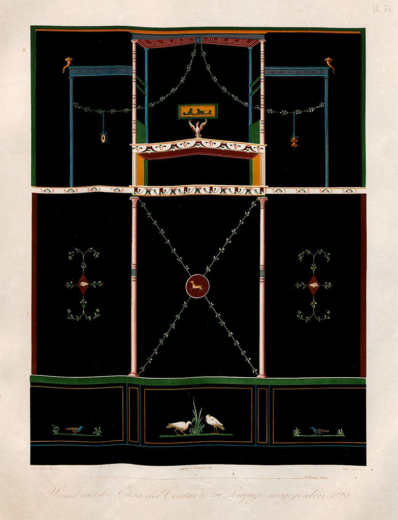VI.9.5 Pompeii. 1842 painting by W. Zahn of wall from triclinium on south side of pseudoperistyle 19.
See Zahn, W., 1842. Die schönsten Ornamente und merkwürdigsten Gemälde aus Pompeji, Herkulanum und Stabiae: II. Berlin: Reimer, Tav. 74.
According to PPM, this may have been from triclinium 20, a large room in the south-west corner of this house.
This was the only reproduction of a painted wall found from here.
According to PPM, the above painting was referred to as being from the room 20, in a 19th century bibliography. 
Instead, Bastet referred to it as being from triclinium 18, another room on the south side of pseudoperistyle 19.
See Carratelli, G. P., 1990-2003. Pompei: Pitture e Mosaici. IV. Roma: Istituto della enciclopedia italiana, (p. 849).

