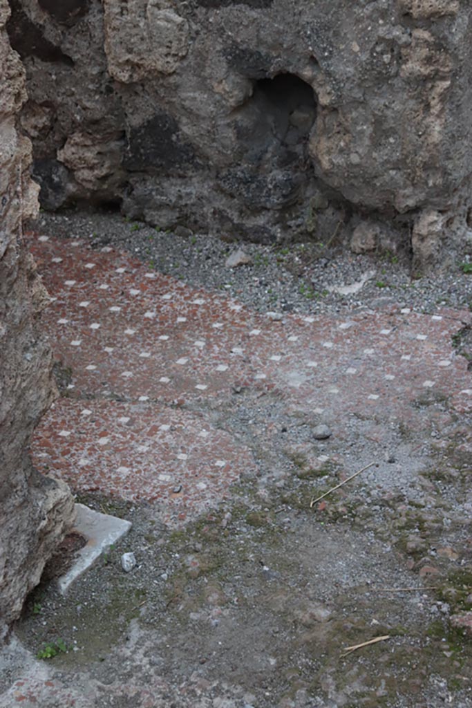 VI.9.5 Pompeii. October 2022. 
Room 14, flooring in doorway into room 15 (VI.9.4). Photo courtesy of Klaus Heese.
