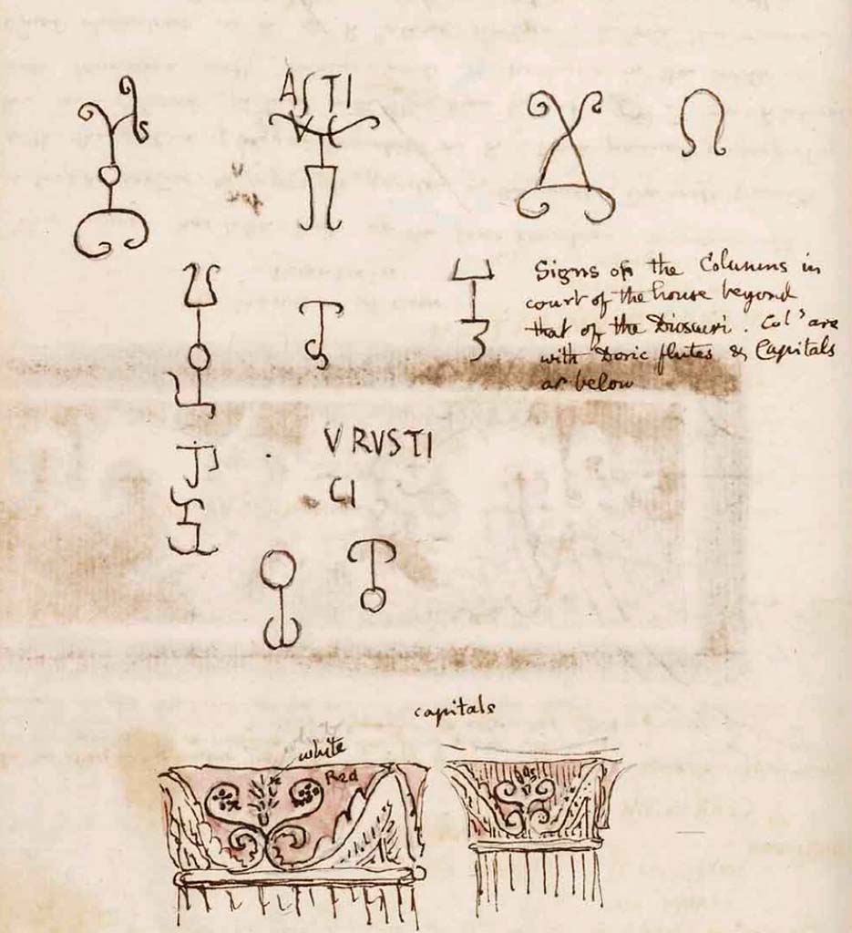 VI.9.5 Pompeii. c.1830. Drawing by Gell.
According to Gell these are signs found on the columns in the court of the house beyond that of the Dioscuri. 
Columns are with Doric flutes and Capitals as below.
See Gell, W. Sketchbook of Pompeii, c.1830. 
See book from Van Der Poel Campanian Collection on Getty website http://hdl.handle.net/10020/2002m16b425

CIL IV 1299 records: ibidem in ordinis antici columna a sinistra secunda.
ASTI
VS
Tab. XXI 7 ex meo apographo. - Gell 1832 II tab. XLIX et p. 122; Garrucci XXVII 86. 
Figuram prius incisam esse patet; alias eiusmodi figuras Gellius I. c. exhibet.

CIL IV 1297 records: in peristylio a aedium n. 12 in ordinis antici columna prima a dextra, litteris quadratis.
Q_RVSTI//
Q
Descripsi. - Gell 1. c. male.
Idem in alia eiusdem columnae parte sub 1298 repetitum est, nisi quod v. 1 Q_RVST.
--- In ordinis dextri columna quarta legi RV-S///////.

CIL IV 1298 records: in eadem columna litteris quadratis clarissimis.
DMVS 0,02i
Descripsi.
