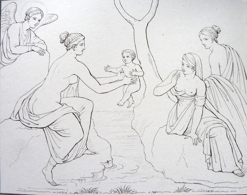 VI.9.6 Pompeii. Pre 1836.  
Room 8, drawing by Gell of wall painting from the north wall, of Nymphs bathing or taking the newly born Adonis.
Gell wrote –
“This represents Achilles bathed in the Styx, and has every appearance of having been taken from something of a superior cast.
It is always agreeable to possess an ancient painting of subjects recorded in history or poetry.”
See Gell, W and Gandy, J., 1880. Pompeii, its destruction and re-discovery. New York: Worthington.
