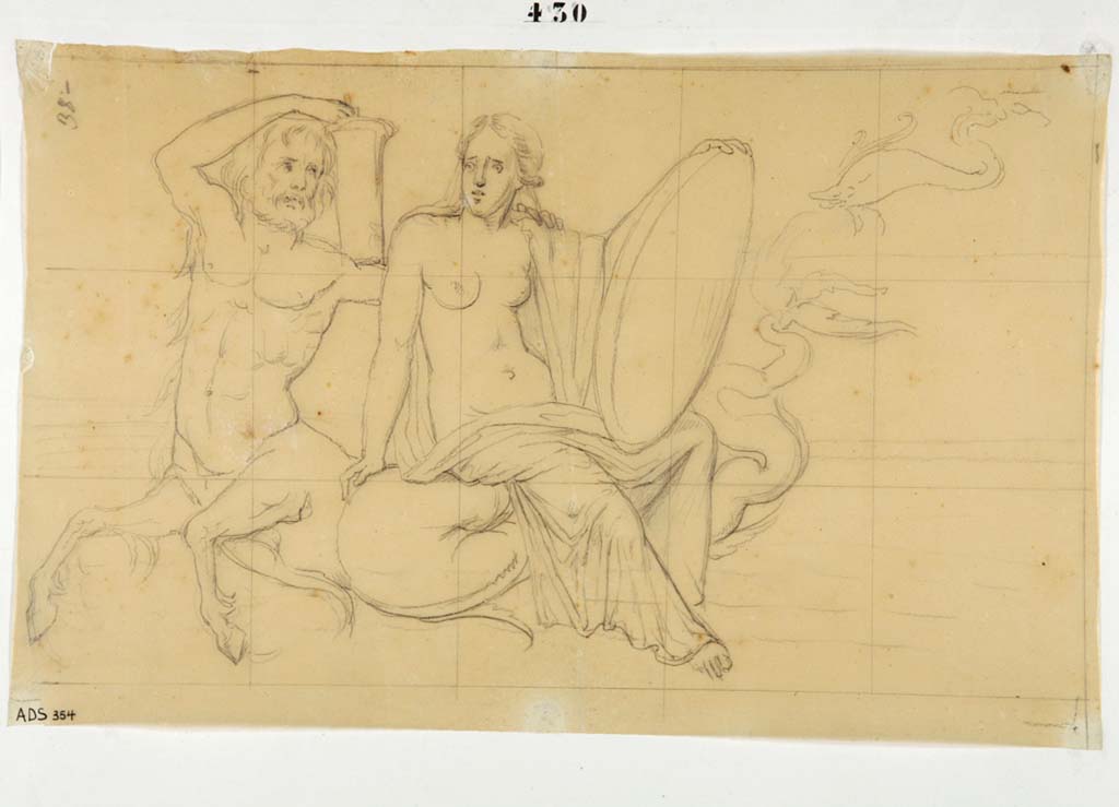 VI.9.6 Pompeii. Drawing attributed to Giuseppe Marsigli, of Thetis with the armour of Achilles, from the east end of the north wall.
Now in Naples Archaeological Museum. Inventory number ADS 354.
Photo © ICCD. http://www.catalogo.beniculturali.it
Utilizzabili alle condizioni della licenza Attribuzione - Non commerciale - Condividi allo stesso modo 2.5 Italia (CC BY-NC-SA 2.5 IT)
The same subject, by La Volpe, can be seen in Museo Borbonico X, tav.VII. (Helbig 1321)
