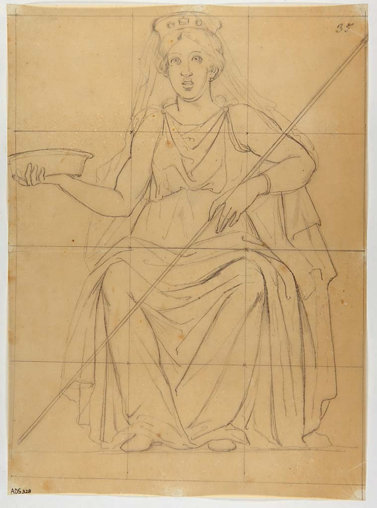 VI.9.6 Pompeii. Drawing by Giuseppe Marsigli of Hera sitting on her throne from centre of upper south wall.
Now in Naples Archaeological Museum. Inventory number ADS 328.
Photo © ICCD. http://www.catalogo.beniculturali.it
Utilizzabili alle condizioni della licenza Attribuzione - Non commerciale - Condividi allo stesso modo 2.5 Italia (CC BY-NC-SA 2.5 IT)
Another drawing of the same subject by La Volpe was published in Museo Borbonico, IX, tav. XXI. (Helbig 160)
