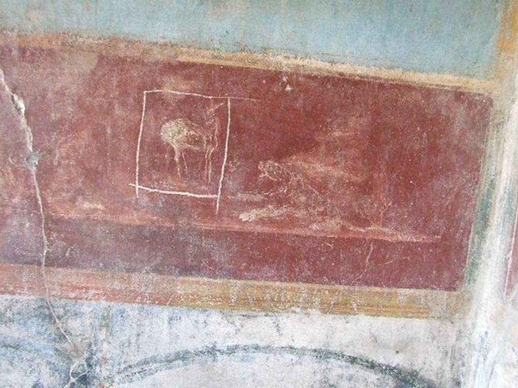 VI.9.6 Pompeii. December 2006. Room 8, painting of deer and leopard , from west end of south wall.