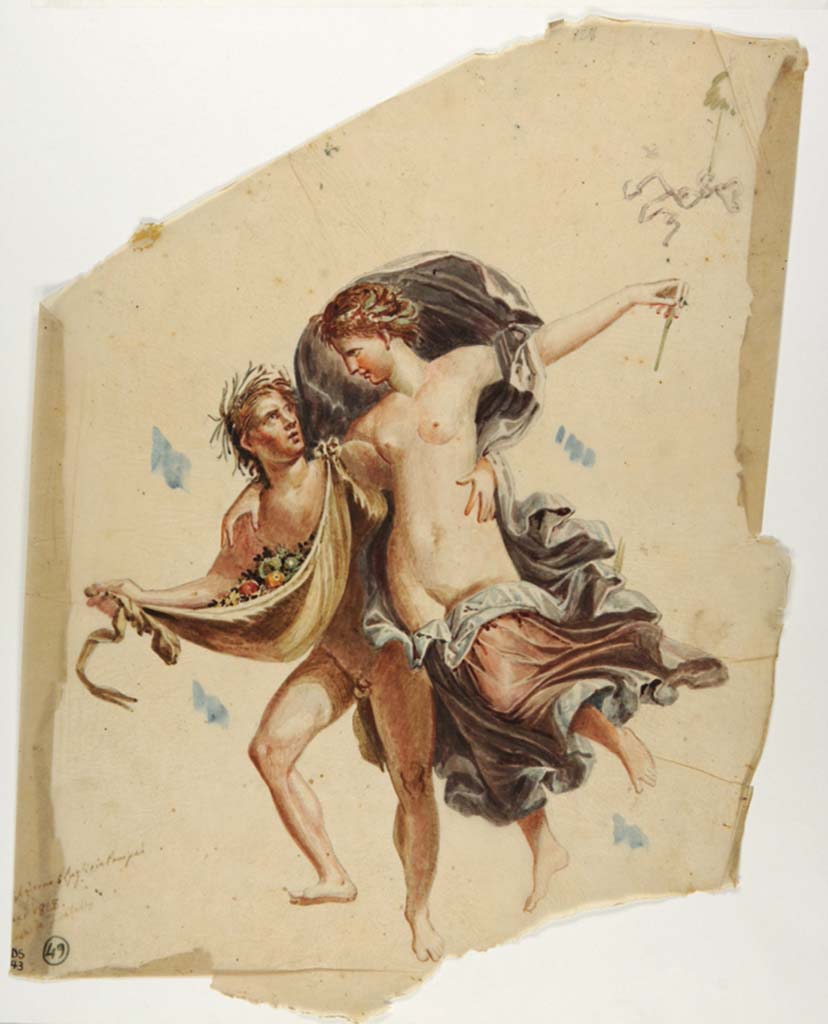 VI.9.6 Pompeii. Painting by Giuseppe Marsigli, 6th July 1828, of panel on west end of south wall in tablinum of flying Satyr and Maenad.
Now in Naples Archaeological Museum. Inventory number ADS 343.
Photo © ICCD. http://www.catalogo.beniculturali.it
Utilizzabili alle condizioni della licenza Attribuzione - Non commerciale - Condividi allo stesso modo 2.5 Italia (CC BY-NC-SA 2.5 IT)
