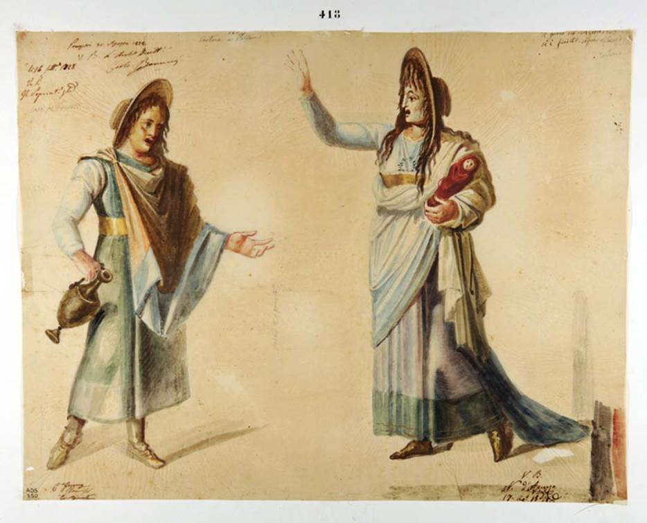 VI.9.6 Pompeii. Painting of “Tragedy scene” by Giuseppe Marsigli, 30th August 1828, from west wall of pseudo-peristyle/garden.
Now in Naples Archaeological Museum. Inventory number ADS 350.
Photo © ICCD. http://www.catalogo.beniculturali.it
Utilizzabili alle condizioni della licenza Attribuzione - Non commerciale - Condividi allo stesso modo 2.5 Italia (CC BY-NC-SA 2.5 IT)
